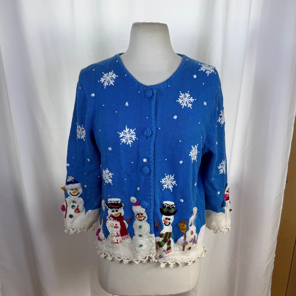 Vtg Y2K Michael Simon Christmas Winter Cardigan Womens Medium Snowman Festive